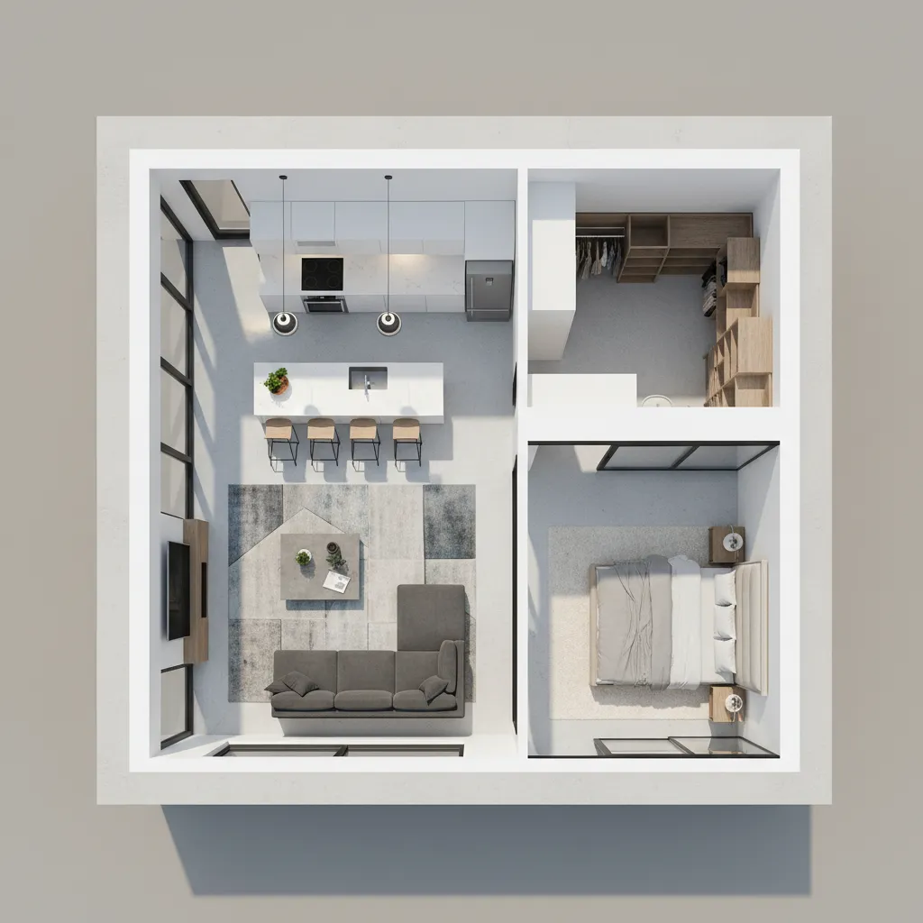 Plano 3D de distribución de vivienda