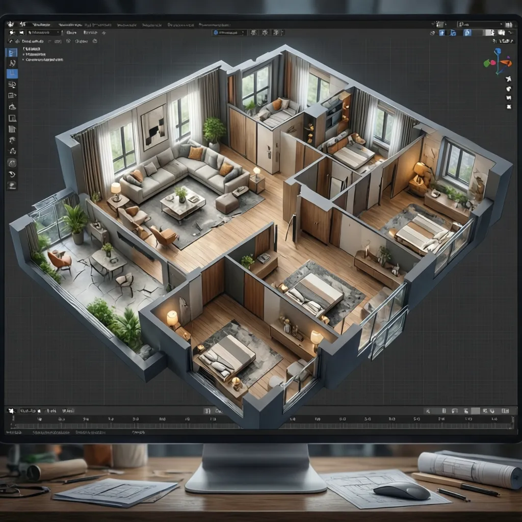 Plano 3D de un apartamento con distribución de muebles