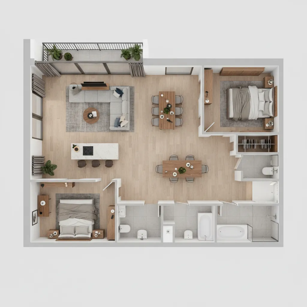 Plano de planta 3D de un apartamento usado en un proyecto de interiorismo