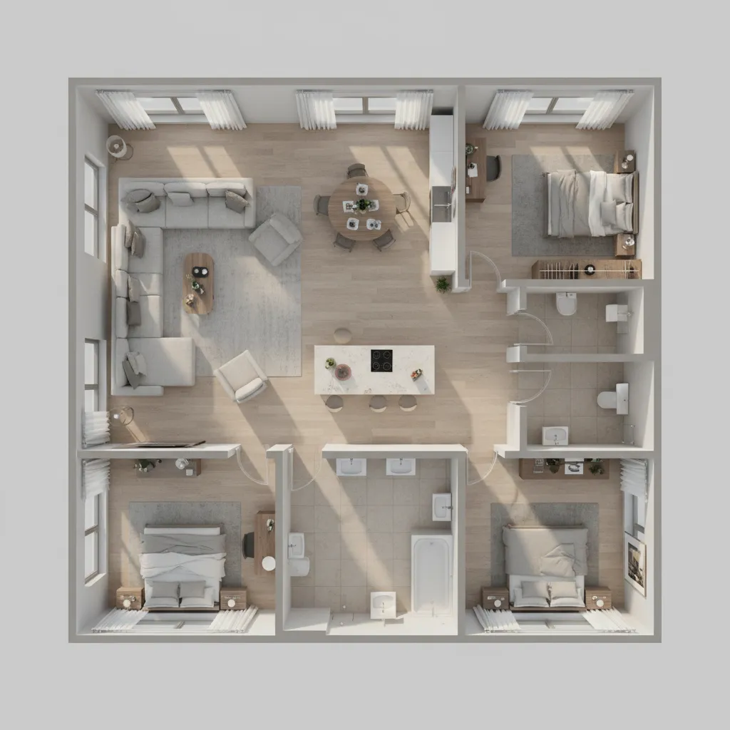 Visualización 3D de la distribución de una vivienda en proceso de diseño