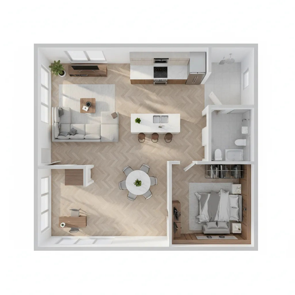 3D interior design drawing of apartment layout with kitchen living room bedroom and one bathroom