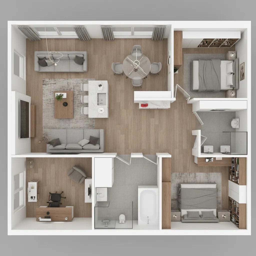 Top view 3D room layout showing two bedrooms, a living room, kitchen, and two bathrooms