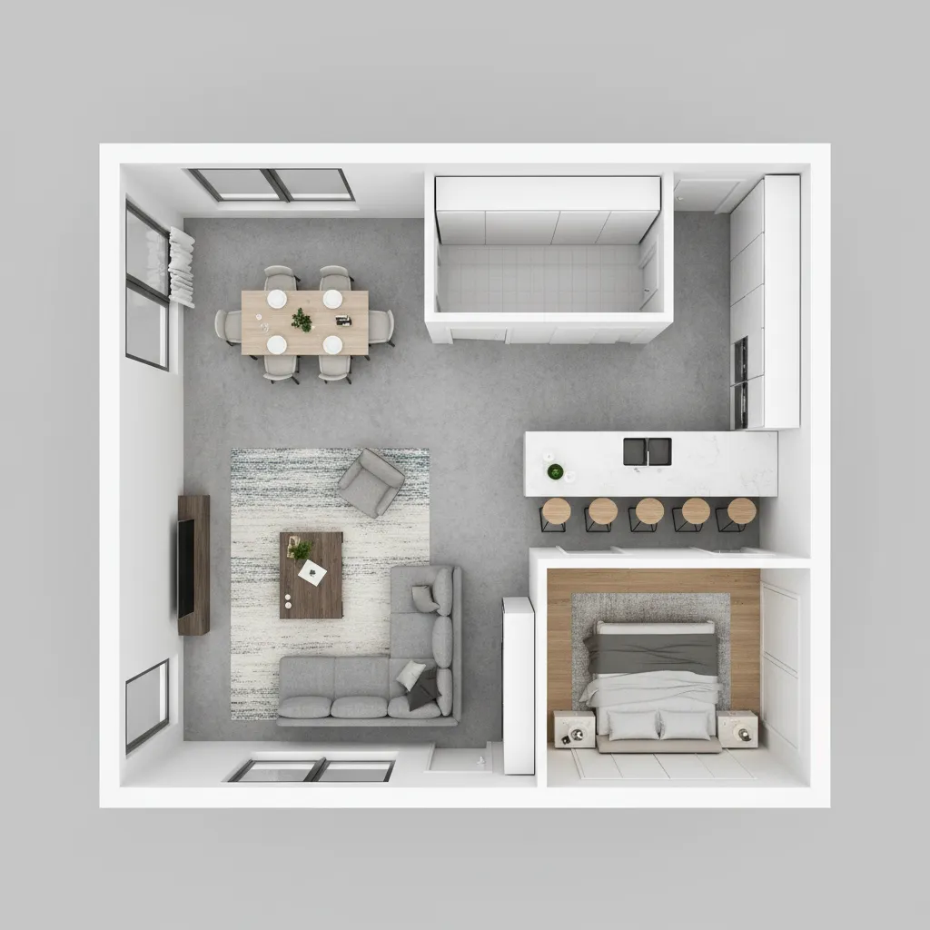 visualización 3D de plano de vivienda con muebles colocados