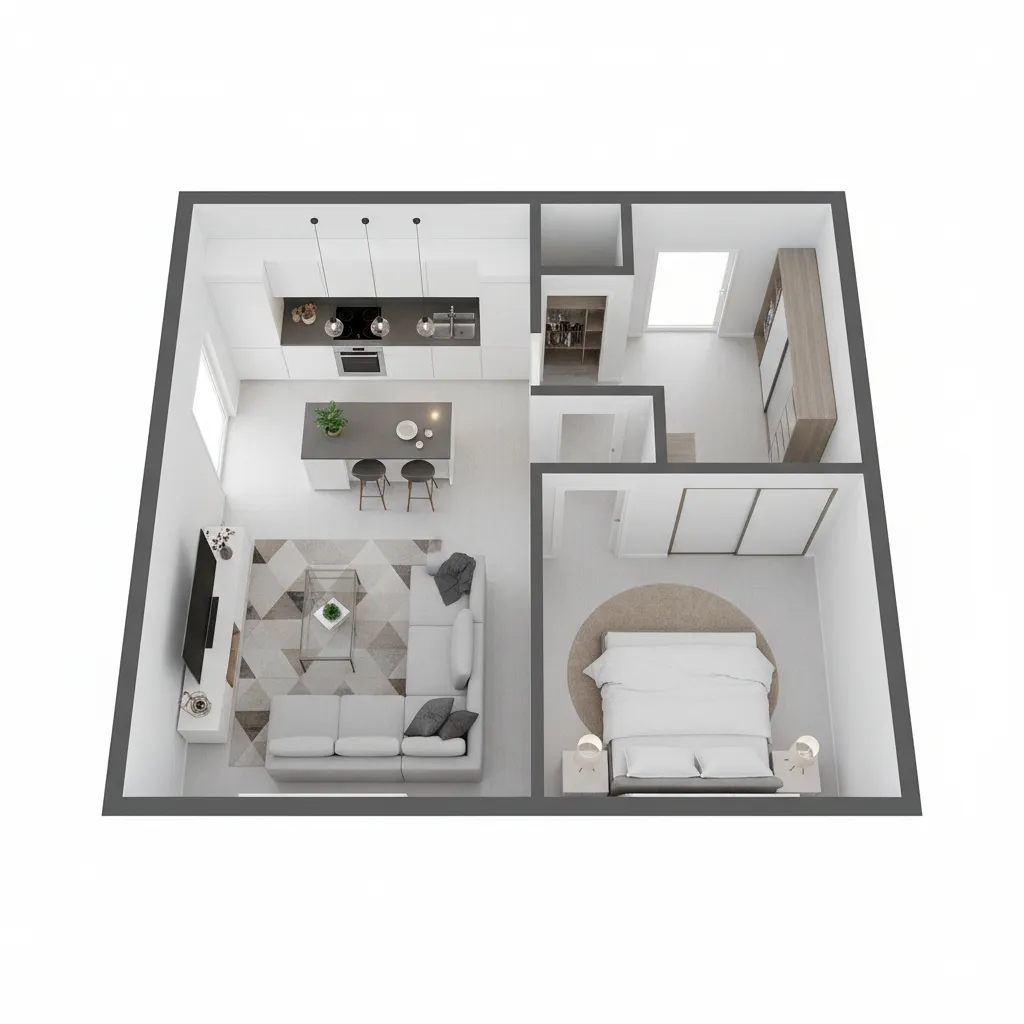 Plano 3D de distribución de un departamento con mobiliario