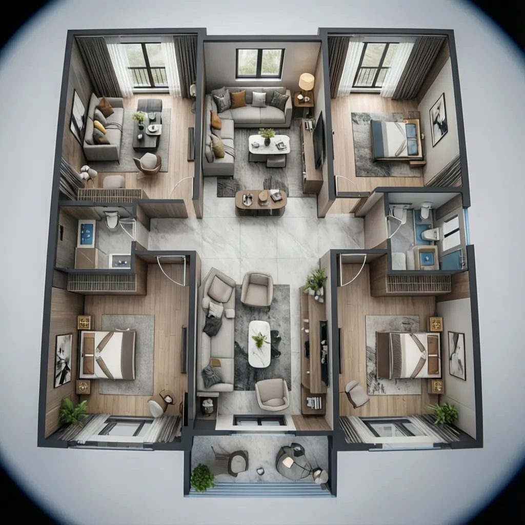 Plano 3D de distribución de un apartamento utilizado en un portafolio de interiorismo