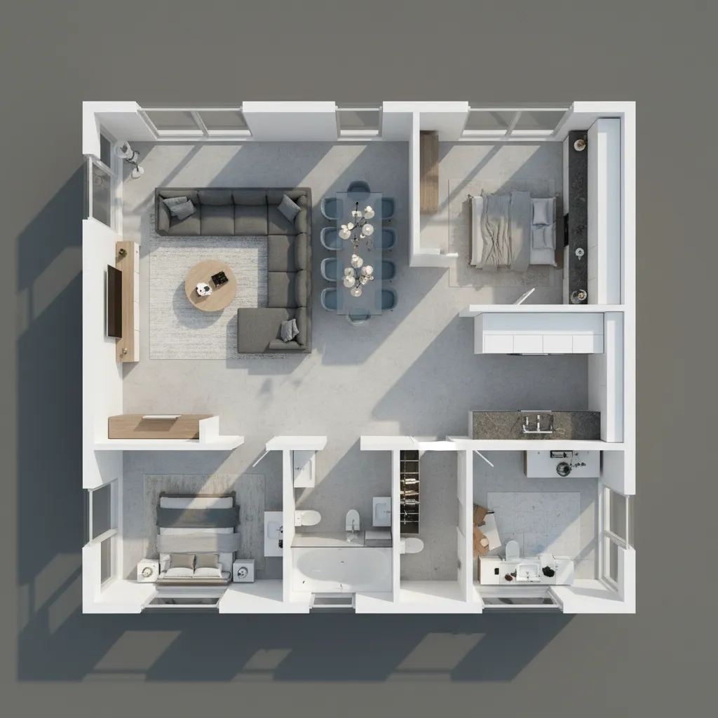 Plano 3D de distribución de una vivienda
