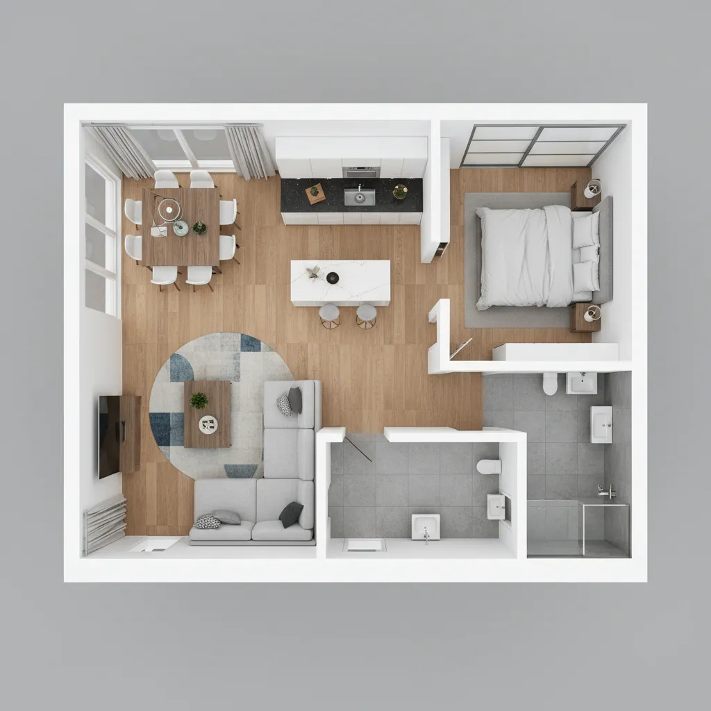 Interior design drawing showing small apartment with kitchen living room bedroom and grey tiled bathroom