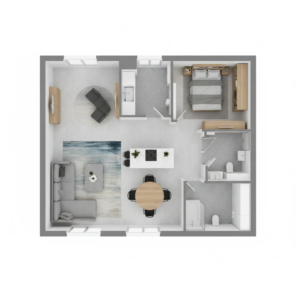 Plano 3D de distribución de vivienda mostrando salón, cocina y zonas de paso