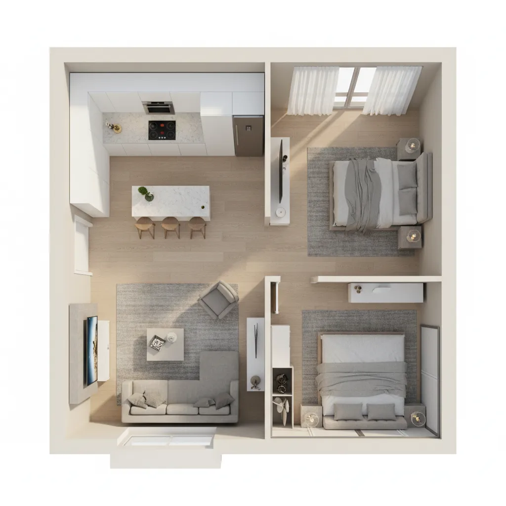Plano 3D de distribución de una vivienda moderna