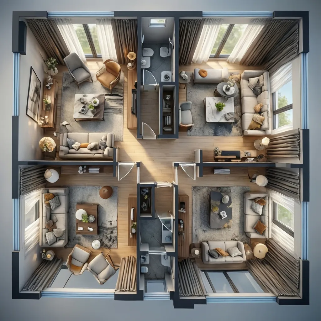 Top down 3D view of a modern apartment room layout with sofas and wood floors