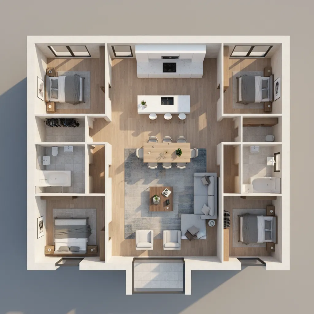 Top-down interior design drawing showing four bedrooms, open kitchen, dining area, and a gray sofa