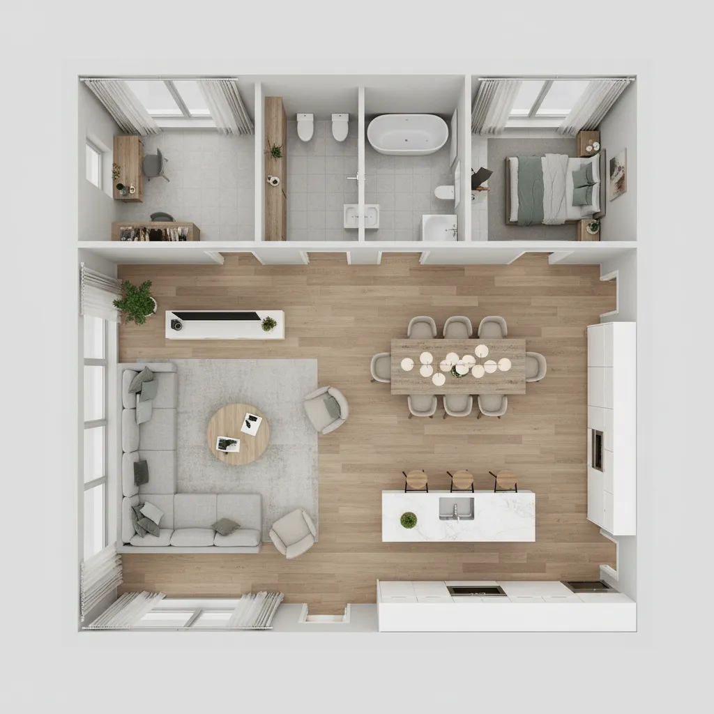 Top view 3D interior design drawing showing living room, kitchen, dining area, bedroom, and bathroom