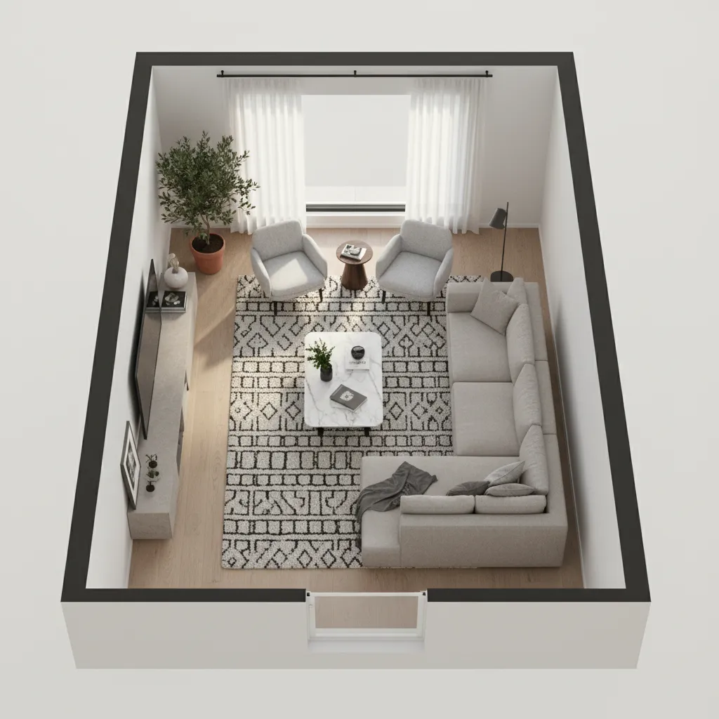 Plano 3D de un salón moderno con sofá, mesa de centro y distribución clara