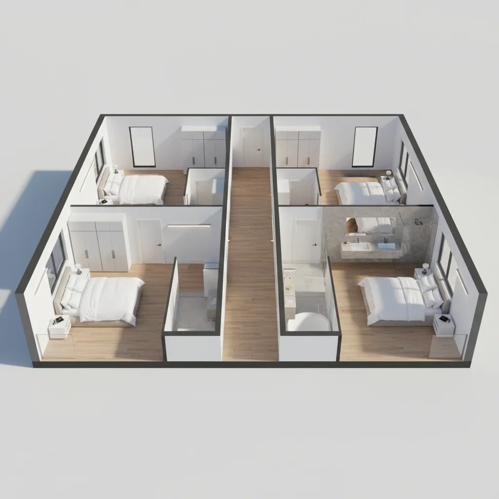 Visualización 3D de segunda planta con habitaciones y pasillo