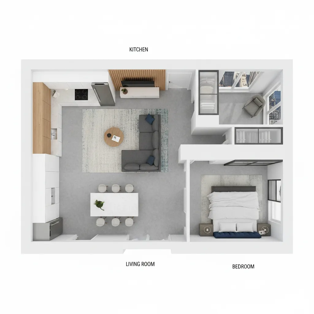 Plano de vivienda en 3D mostrando distribución de habitaciones y muebles