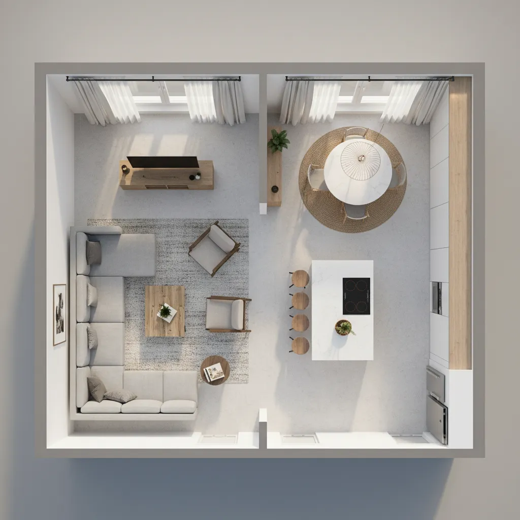A modern interior design drawing showing living room with sofa and kitchen with dining table