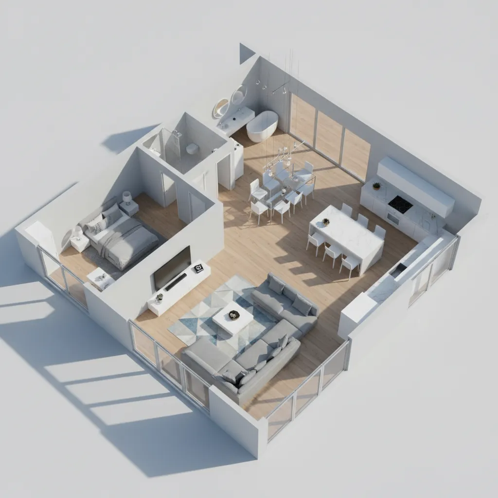 Plano 3D de distribución de vivienda moderna