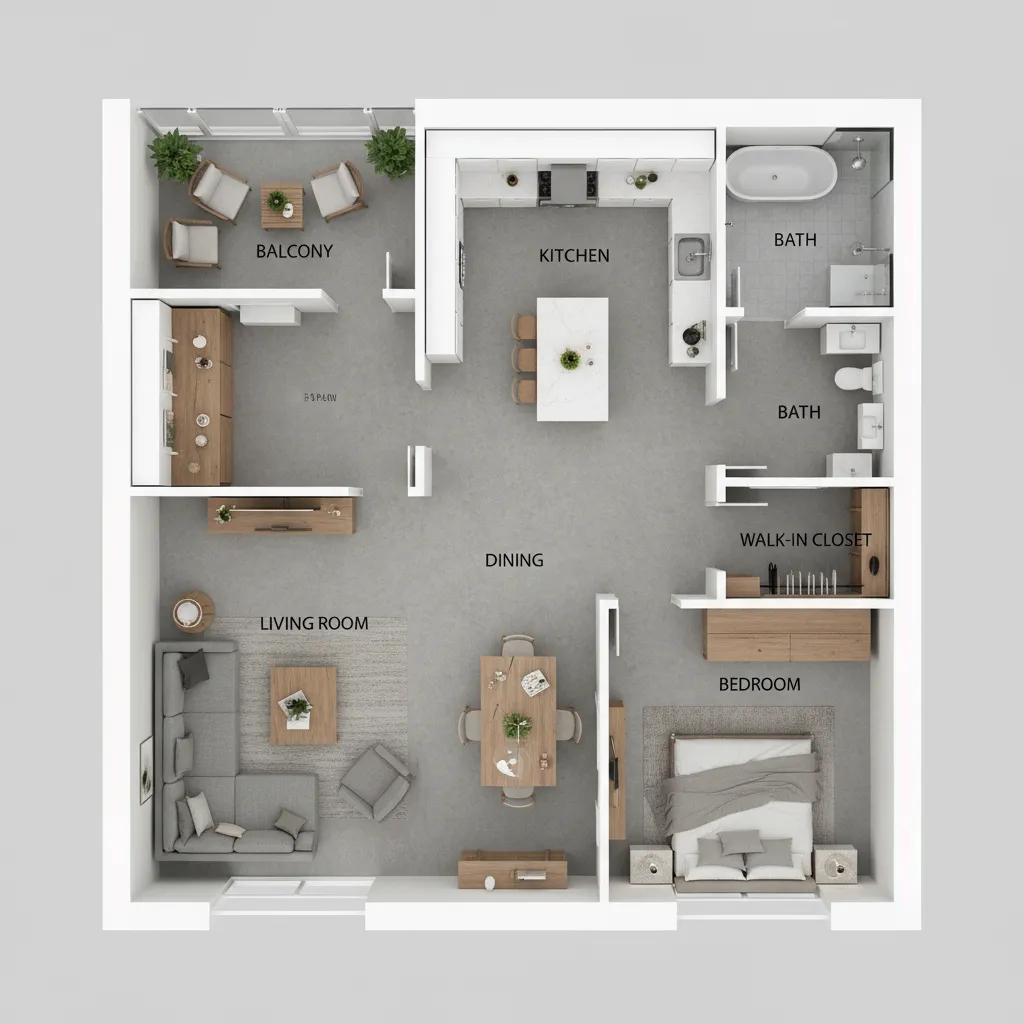 Detailed room layout showing a kitchen dining area balcony bathroom and bedroom from above view