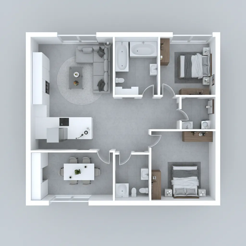 plano 3D de distribución de un apartamento moderno