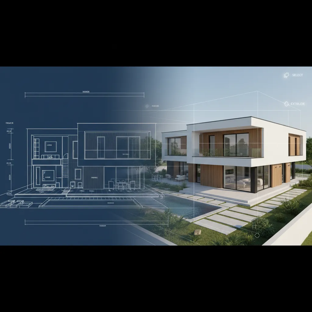 Transición de plano arquitectónico a modelo 3D de una vivienda