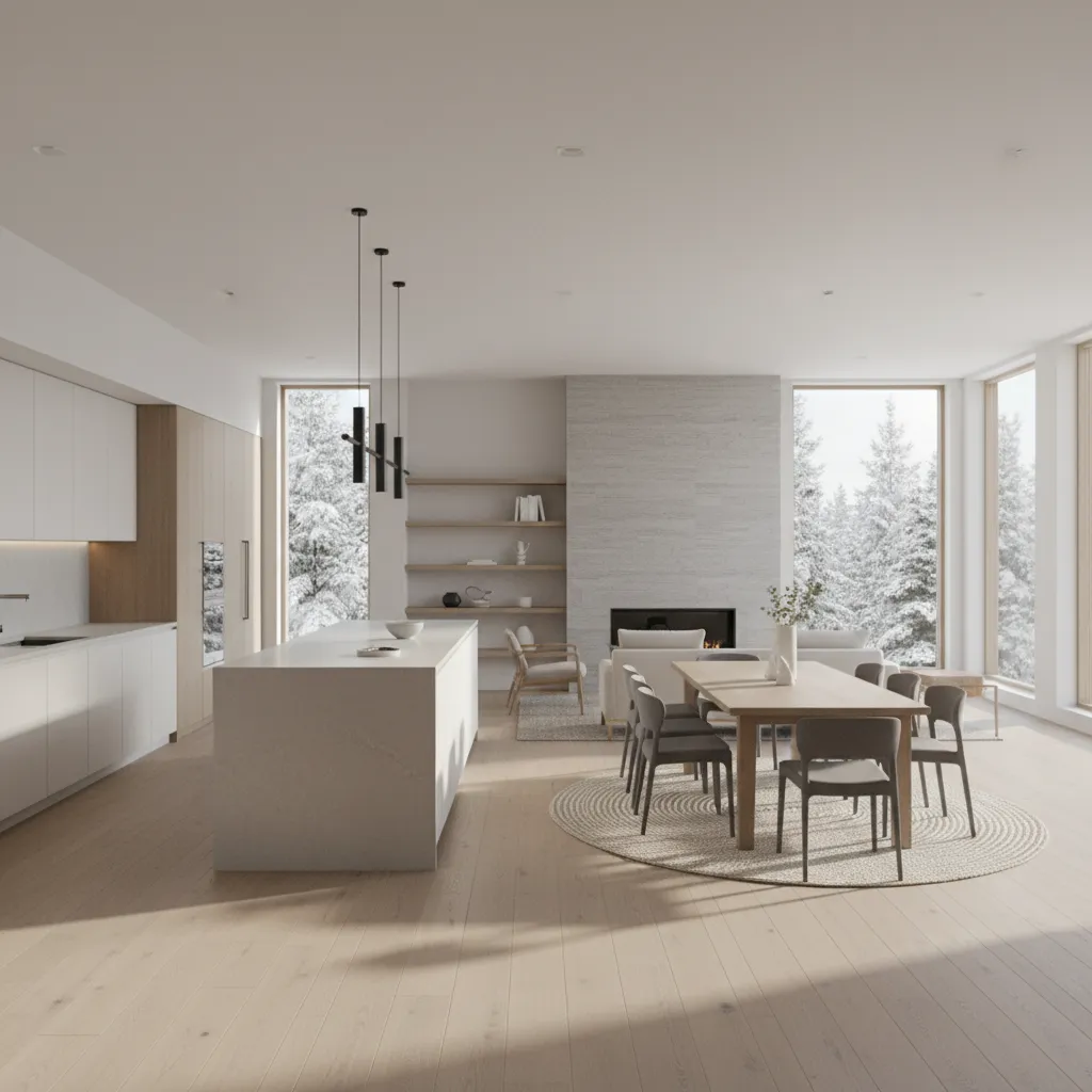 Distribución abierta de salón cocina en casa moderna