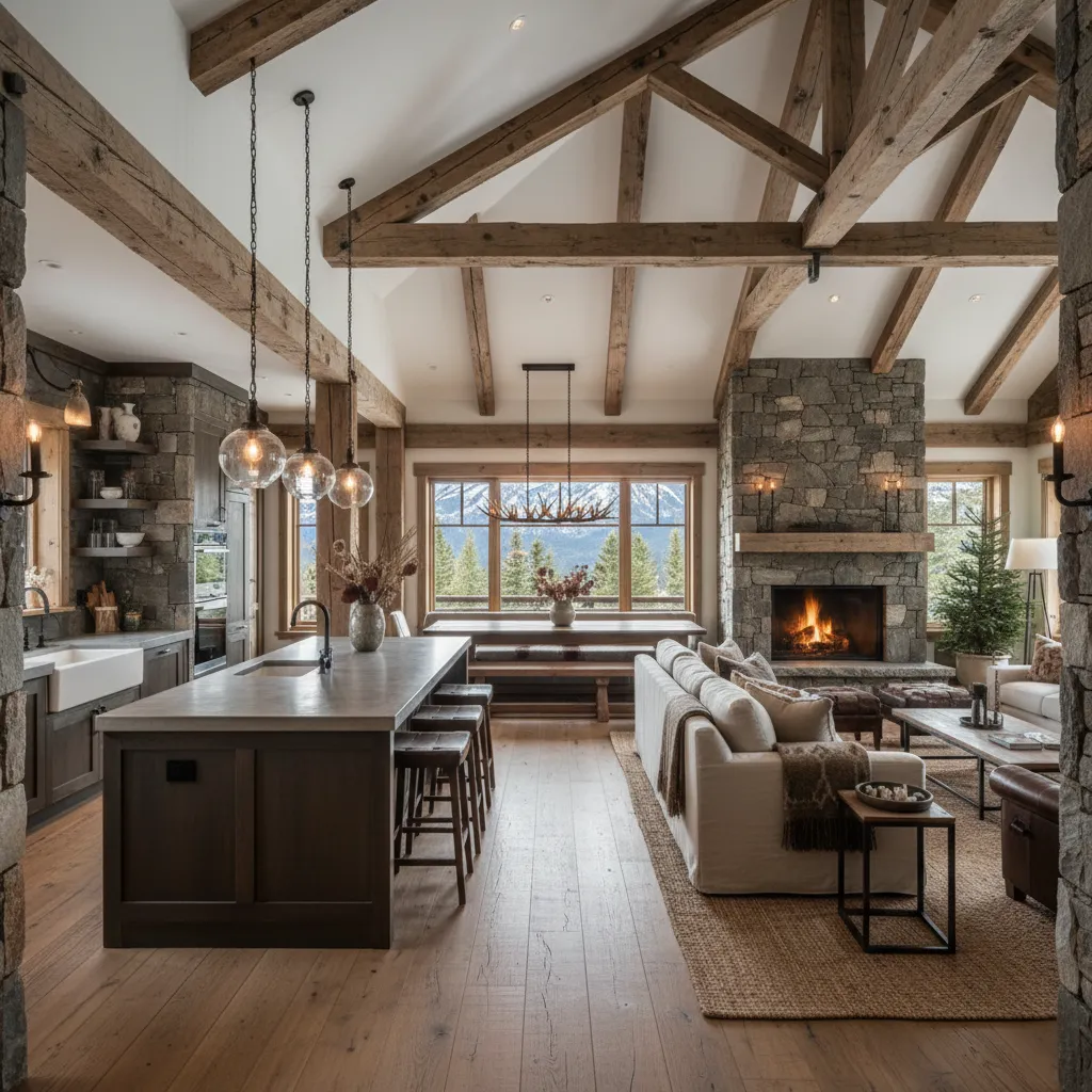 Espacio abierto con cocina, comedor y salón en chalet de montaña