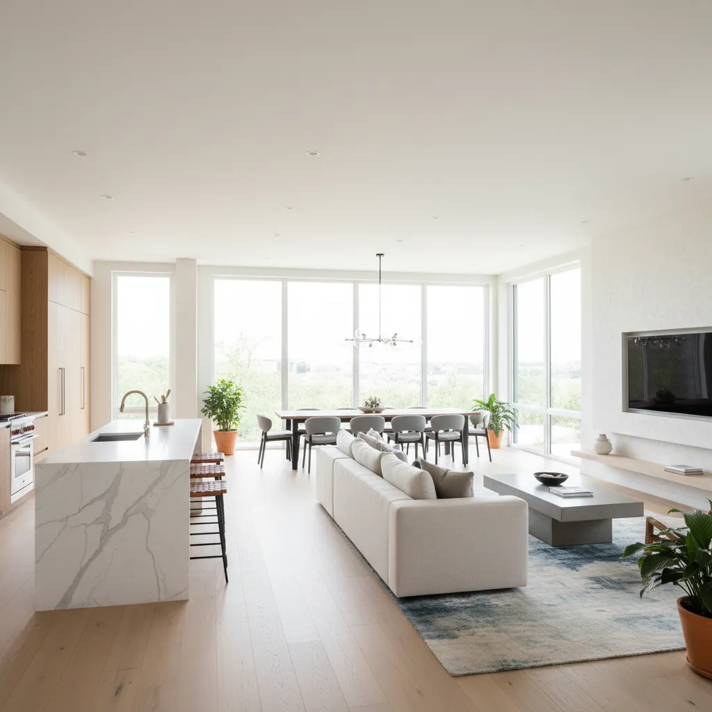 Modern open plan living area featuring marble kitchen island white sofa blue rug and windows