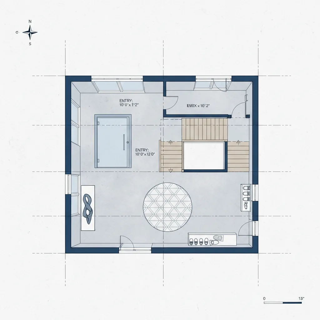 Detailed interior design drawing showing a square room layout with entrance area and furniture symbols