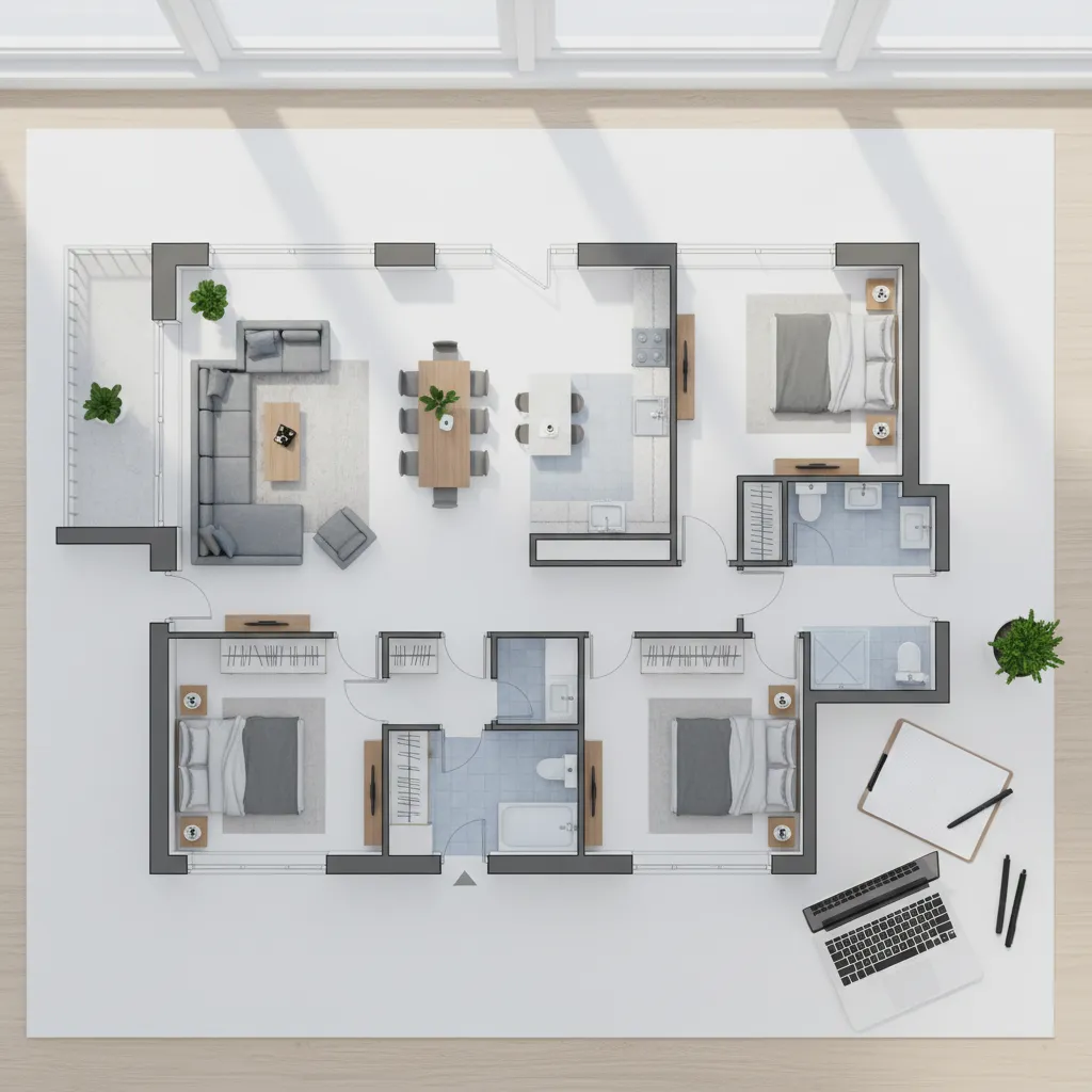 Plano detallado de distribución de un apartamento para proyecto de interiorismo