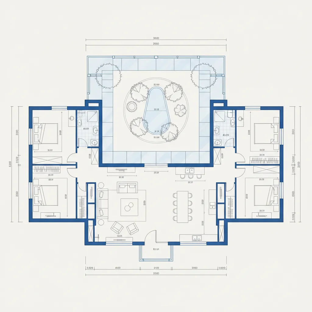 Plano arquitectónico simple de una casa en forma de U con patio central