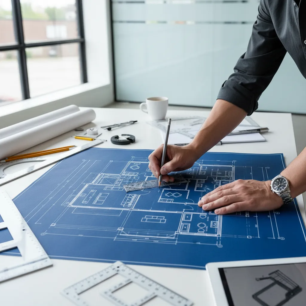 Designer hands drawing on blue house floor plan with pencils and rulers on office desk