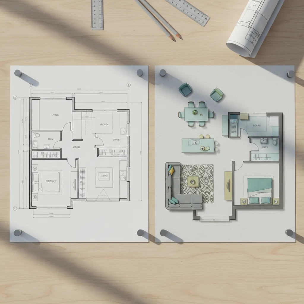 Plano arquitectónico junto a plano de diseño interior con muebles