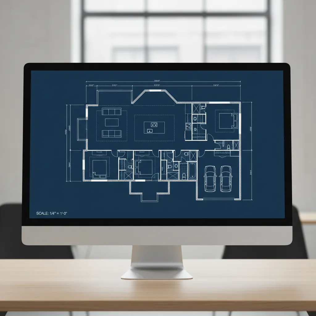 Plano base de vivienda con muros y medidas en software CAD