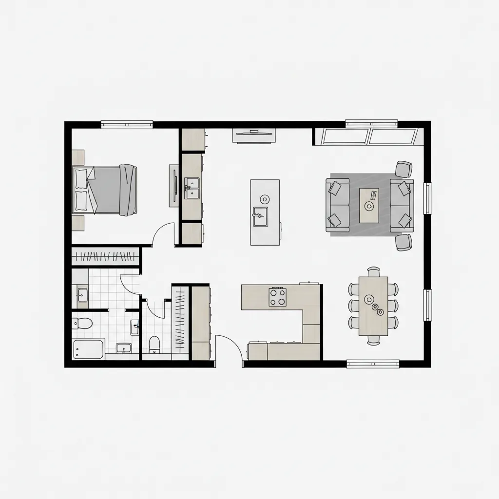 Plano arquitectónico de una cabaña pequeña con distribución abierta