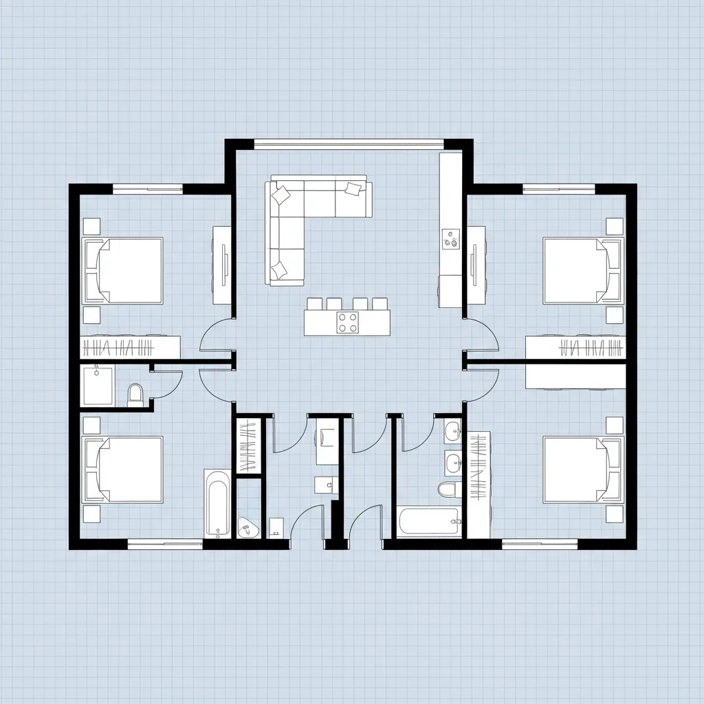 Plano arquitectónico de una casa de 100 metros con distribución eficiente