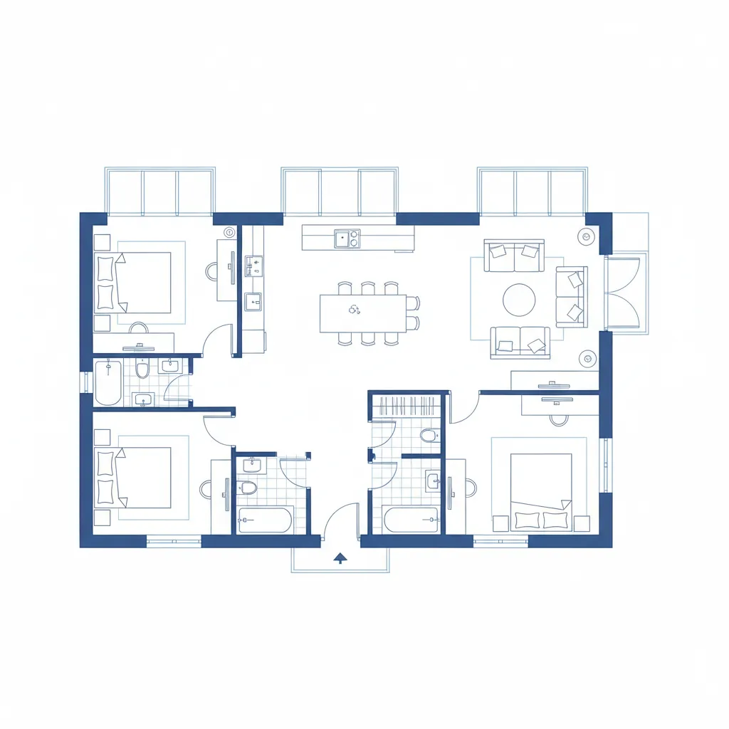Plano arquitectónico de una casa de 100 metros cuadrados con tres dormitorios