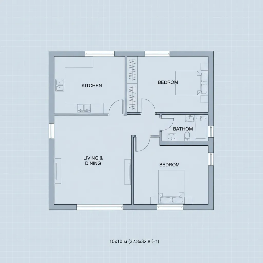 Plano arquitectónico de una casa 10x10 con distribución eficiente