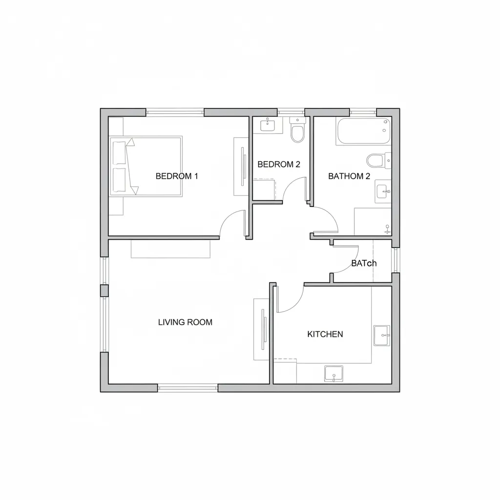 Plano arquitectónico de una casa de 10x10 metros con tres habitaciones