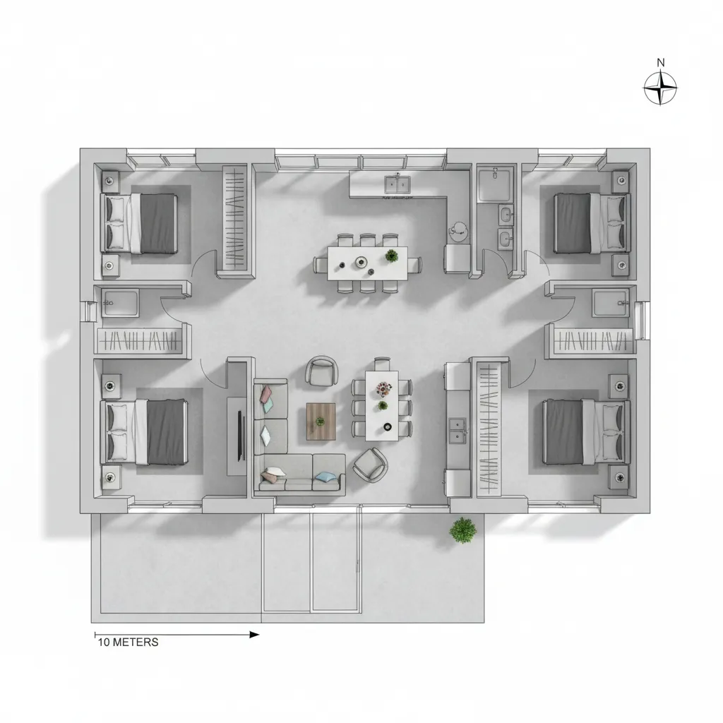 Plano arquitectónico de una casa de 10x10 con tres dormitorios