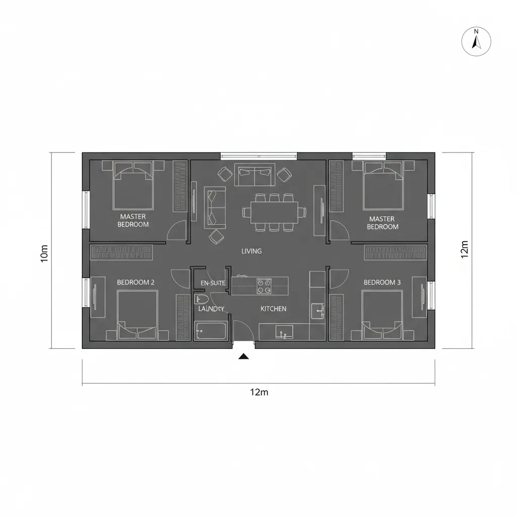 Plano arquitectónico de una casa de 10 x 12 metros con tres dormitorios