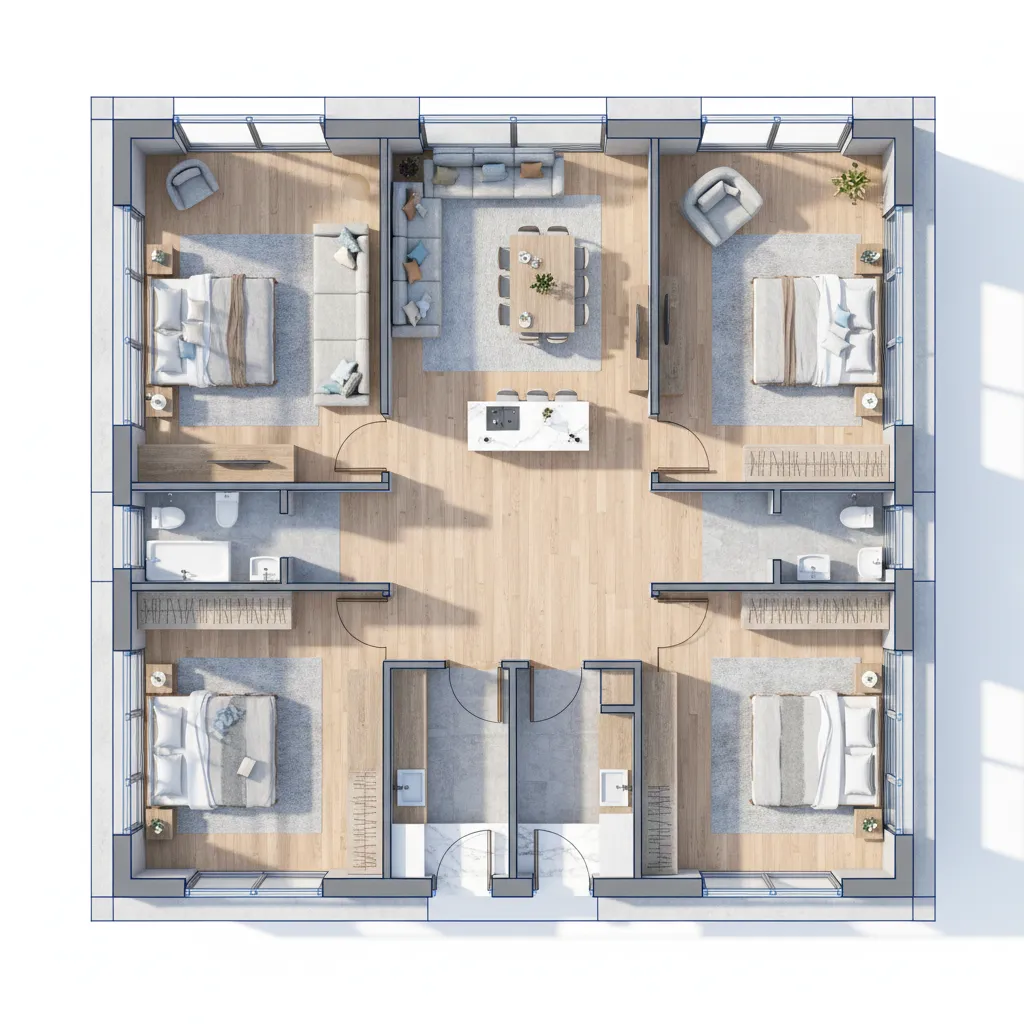 Plano de distribución interior para casa de 10 x 12 con sala, cocina y dormitorios
