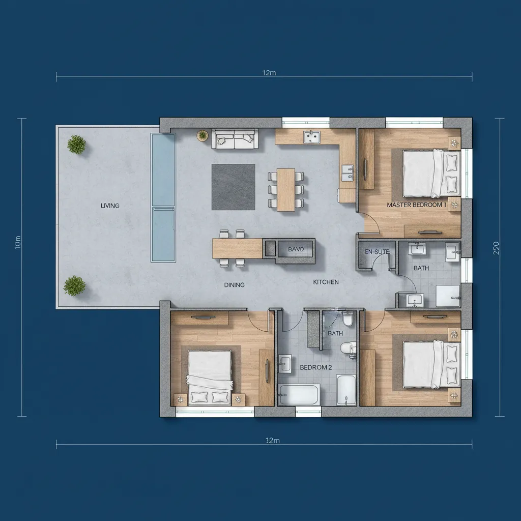Plano arquitectónico de casa de 10x12 metros con sala comedor abierto