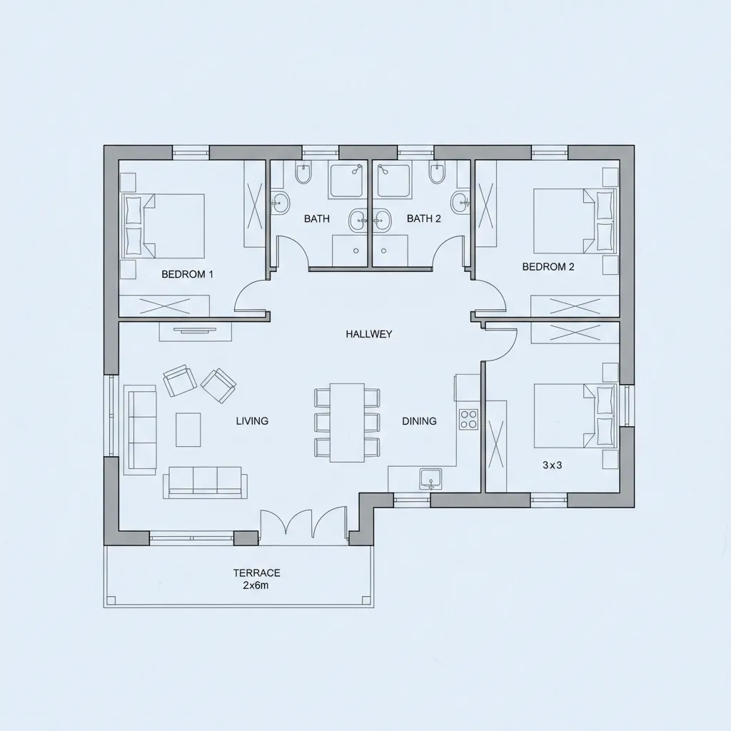 Plano arquitectónico de casa 10x15 con zonas marcadas