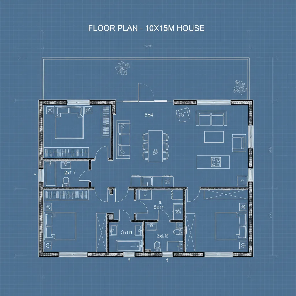 Plano arquitectónico de una casa de 10x15 metros