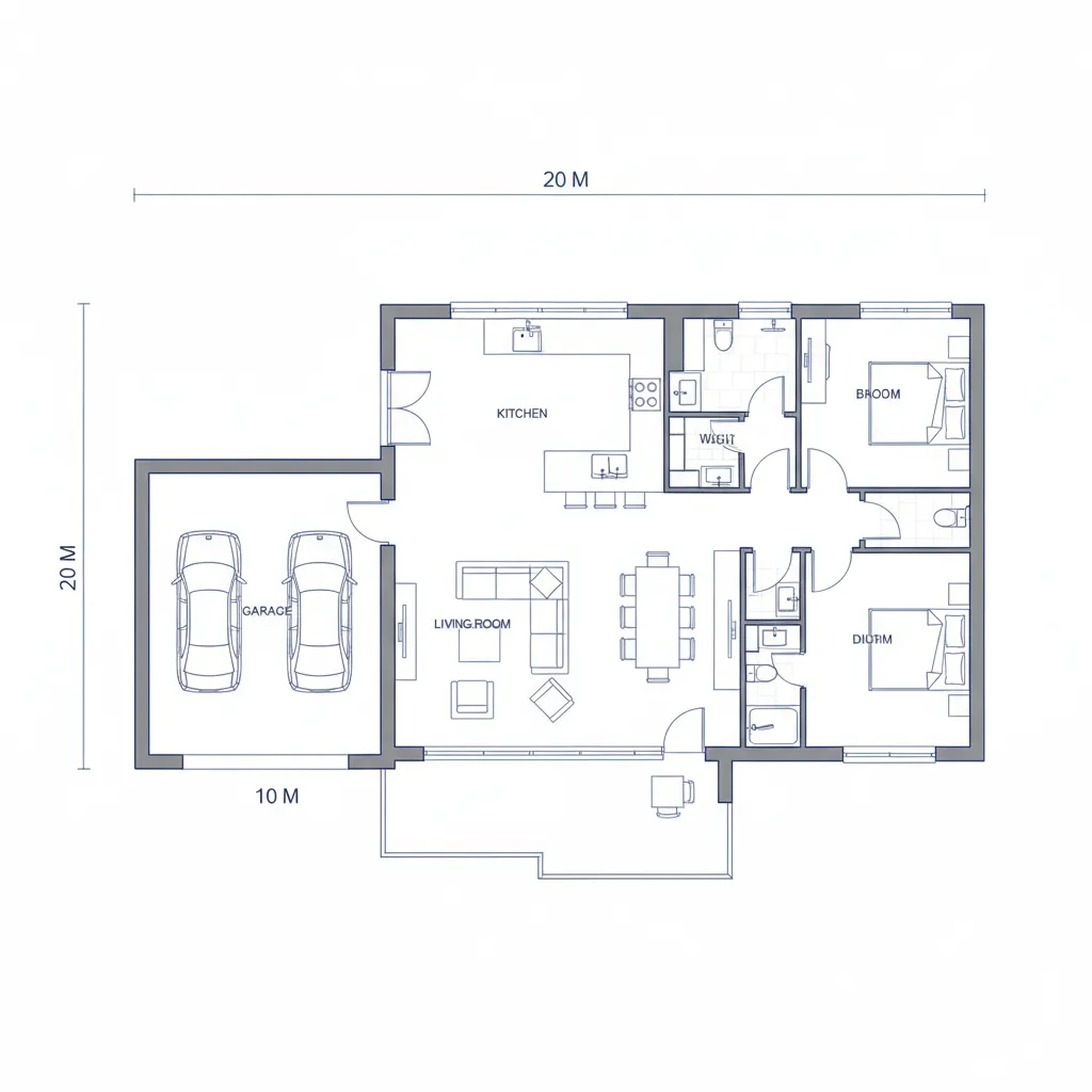 Plano conceptual de distribución para una casa en terreno 10x20