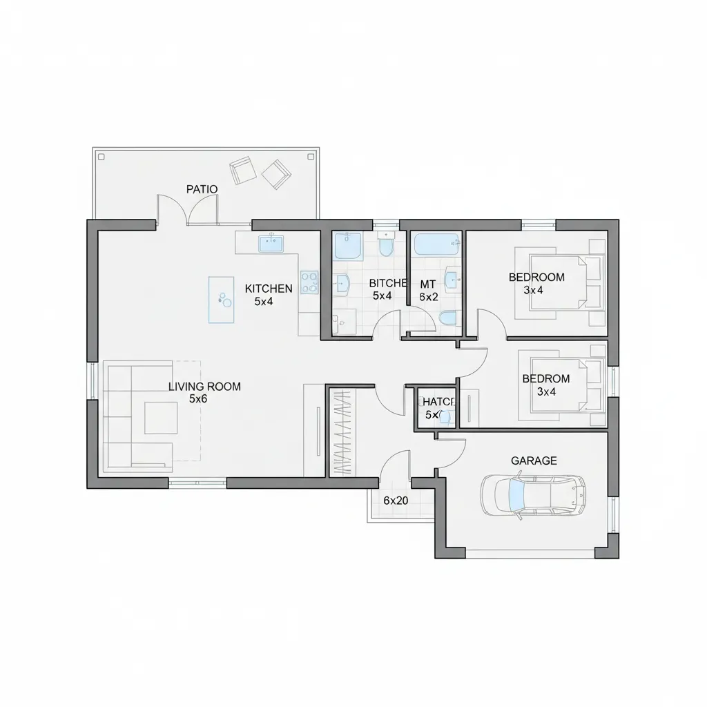 Plano arquitectónico de una casa de 10x20 con distribución de sala, cocina y dormitorios