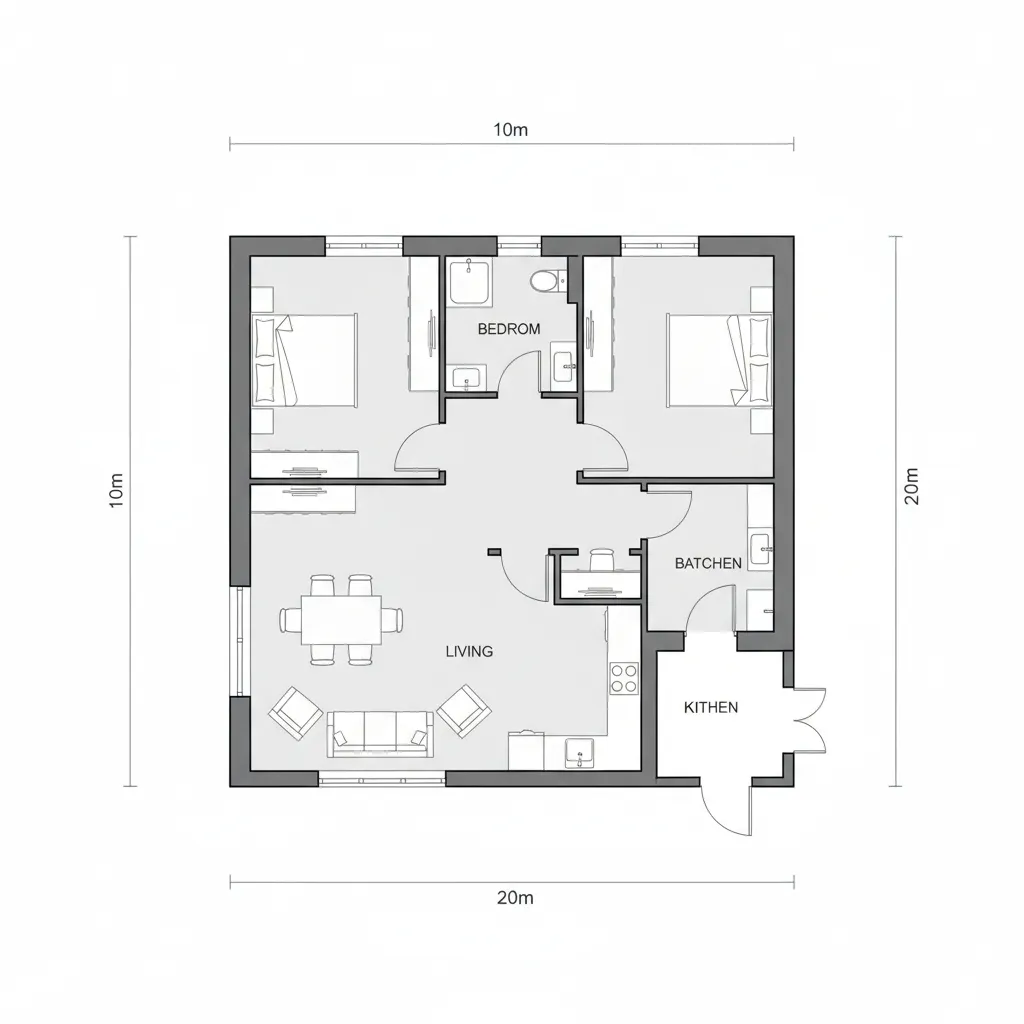 Plano arquitectónico simple de una casa 10x20 con zonas sociales y privadas