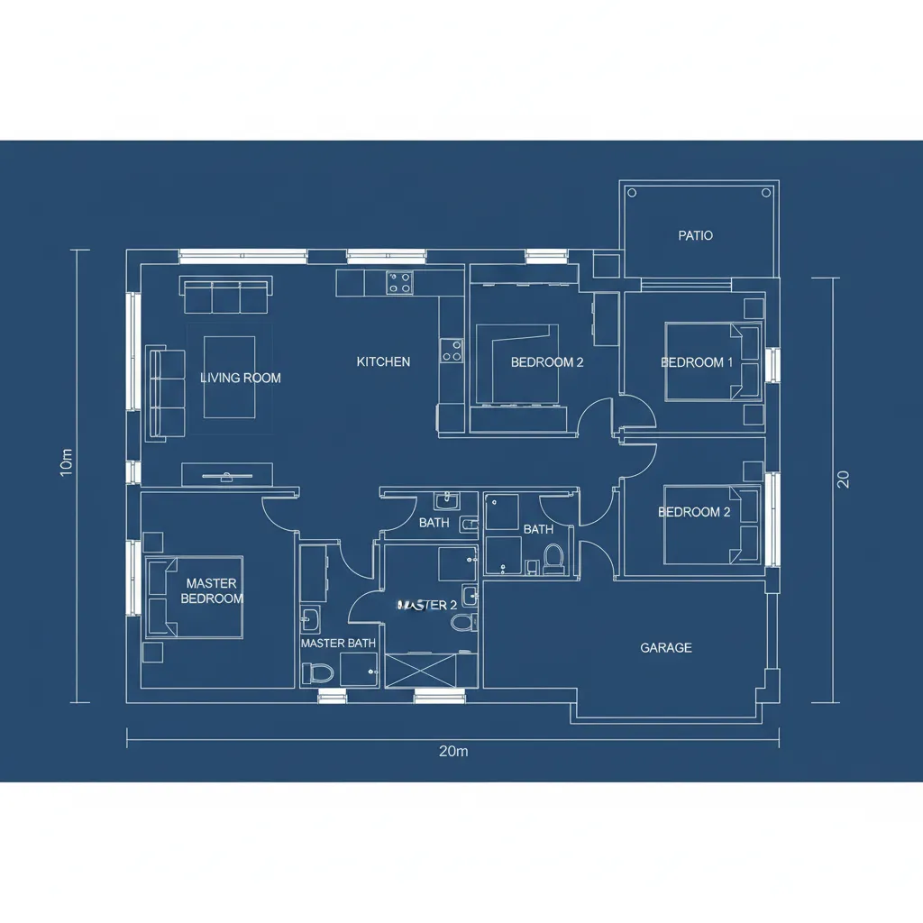 Plano de distribución para casa en terreno de 10x20 metros