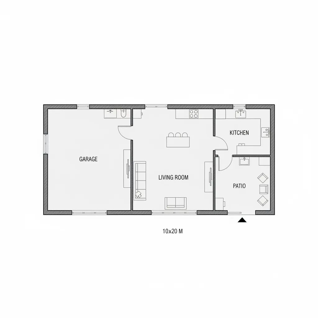 Plano arquitectónico de casa en terreno 10x20 con zonas sociales y patio