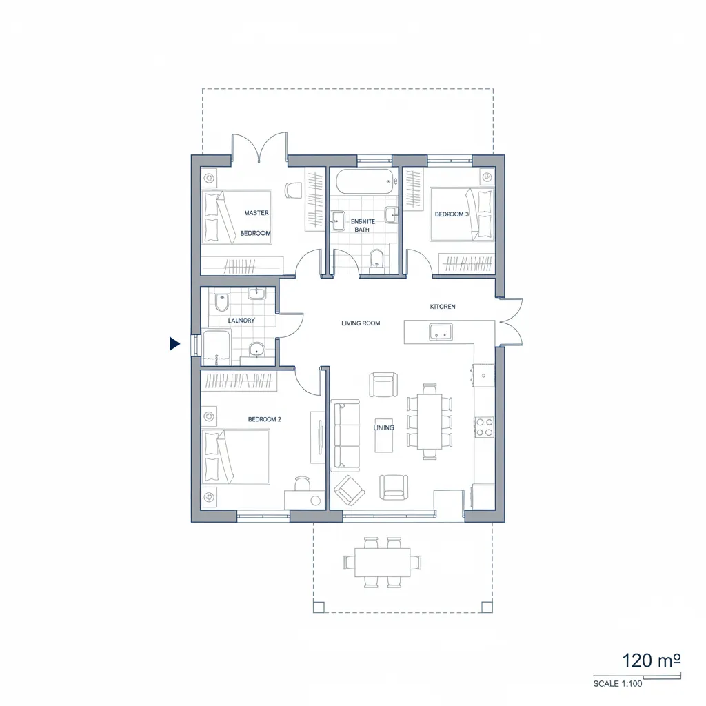 Plano arquitectónico de una casa de 120 metros cuadrados con tres dormitorios